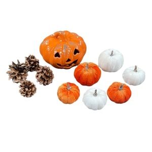 Autumn Decor Set: Glass Pumpkin Candleholder, 4 Real Pinecones, 6 Felt Pumpkins